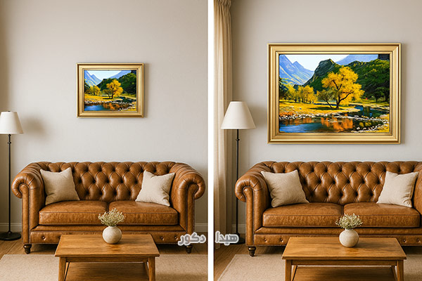 مقایسه انتخاب سایز درست و نادرست تابلو فرش در پذیرایی